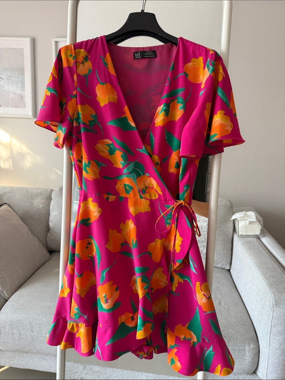 Floral Wrap Dress with hidden shorts - Fuchsia with Orange Floral